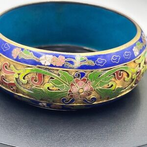 Vintage Enamel Cloisonne WideFlower‎ Bangle 3-D Etched Bracelet Blue Green